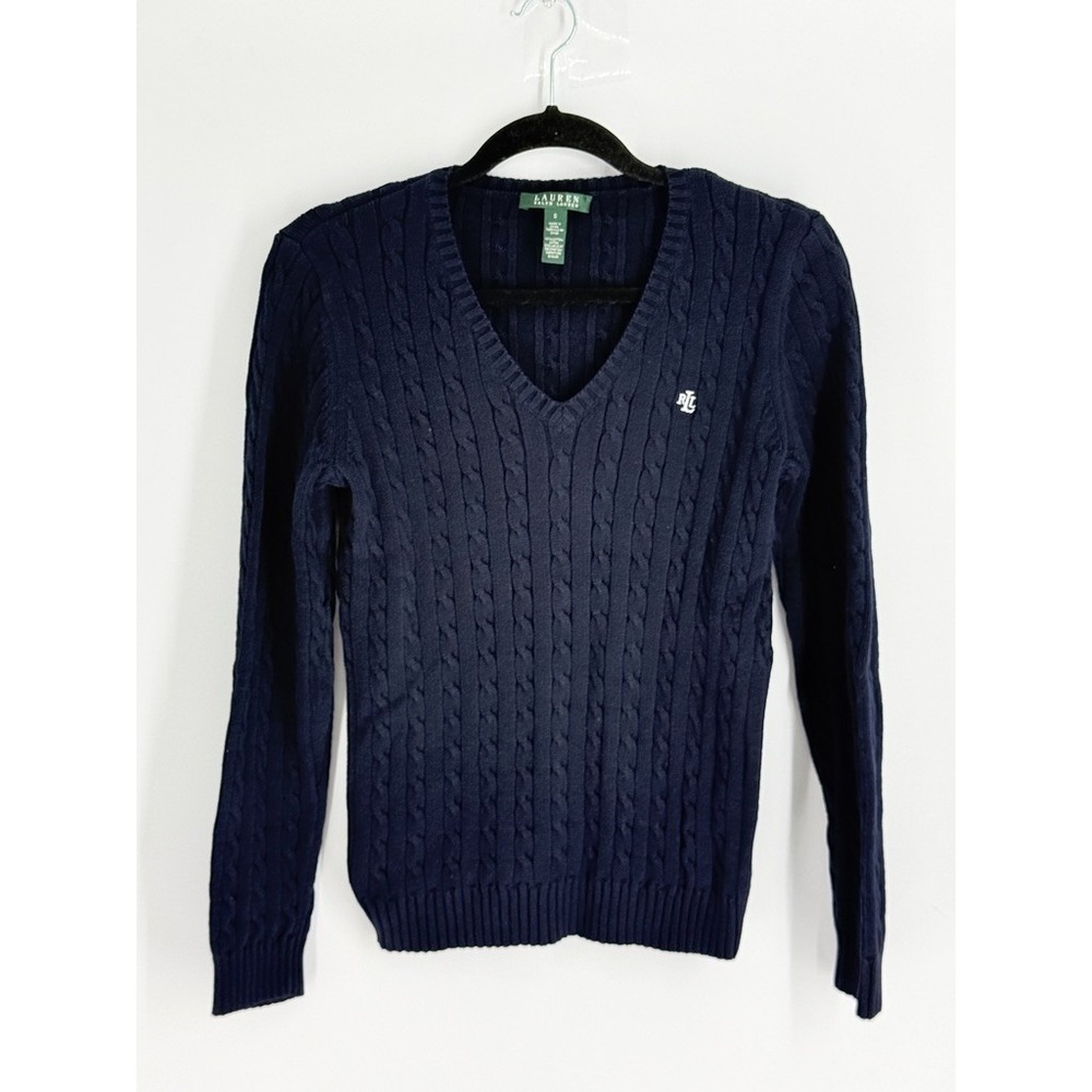 Lauren Ralph Lauren Cable Knit Sweater Fitted Blue Academia Preppy Coast Size S